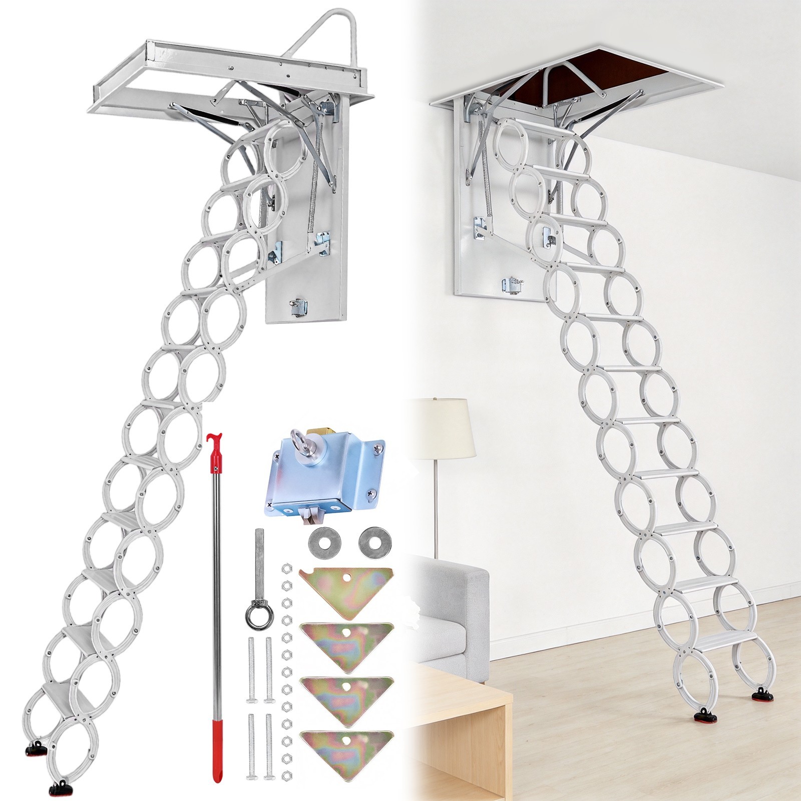11 Steps Wall Mounted Folding Ladder Loft Stairs White Attic Steps Pull Down US