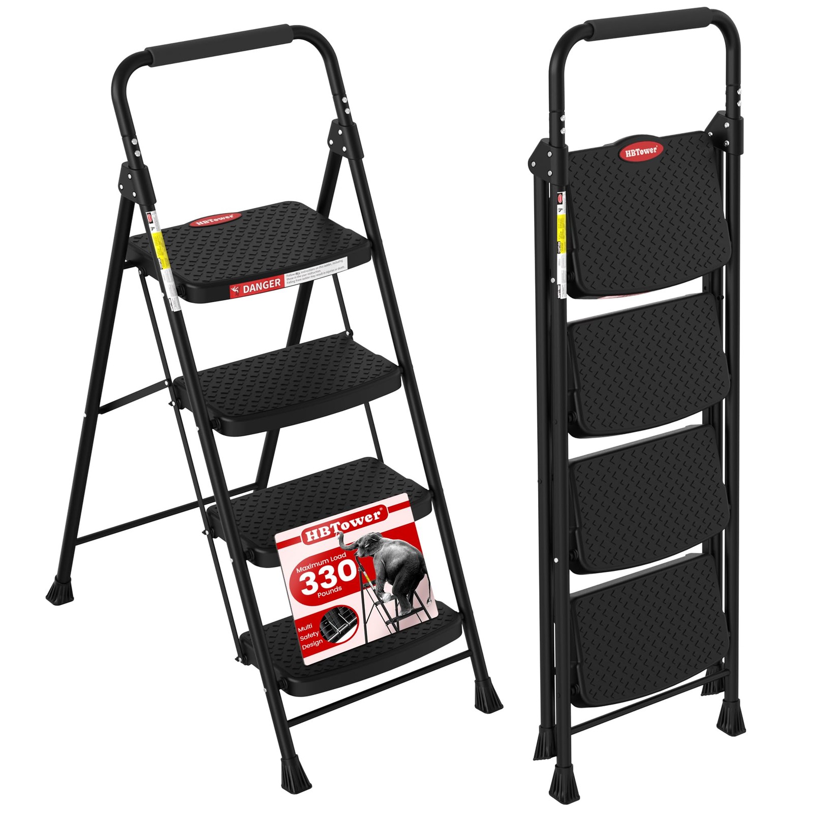 HBTower 4 Step Ladder, Stool Foldable with Wide 4 Black