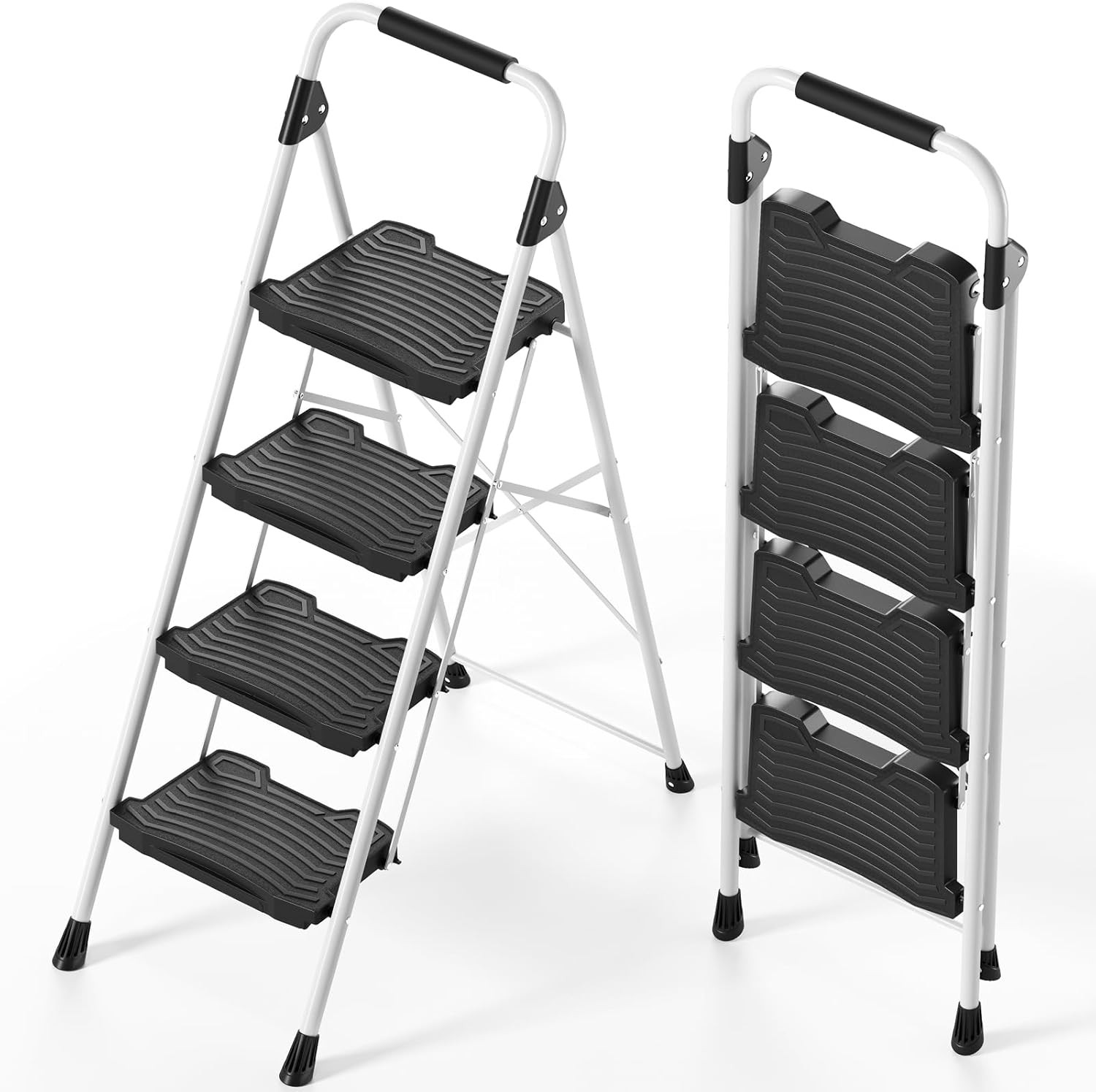 KINGRACK 4 Step Folding Ladder, 900 lbs Load Capacity, Non-Skid 4-step, White