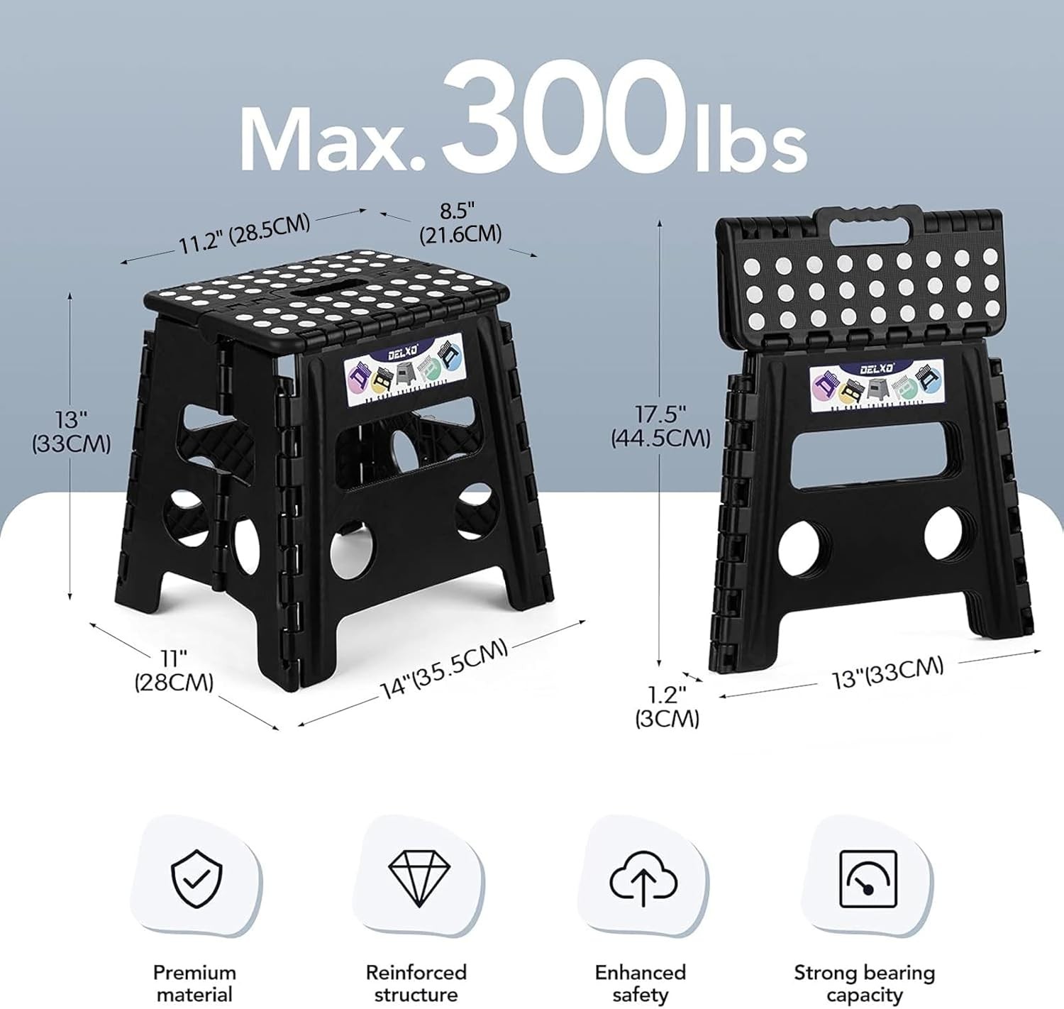 Delxo Folding Step Stool, 13 inch Non-Slip Foldable Stools Up to 300 LBS, Step