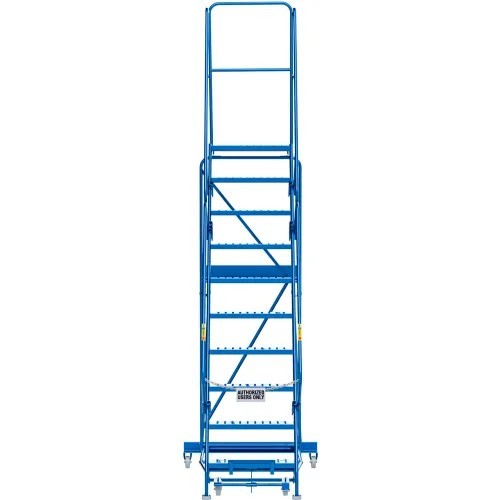 NEW 10 Step Steel Rolling Ladder, 24″W Perforated Step, Cal/OSHA Handrail!!