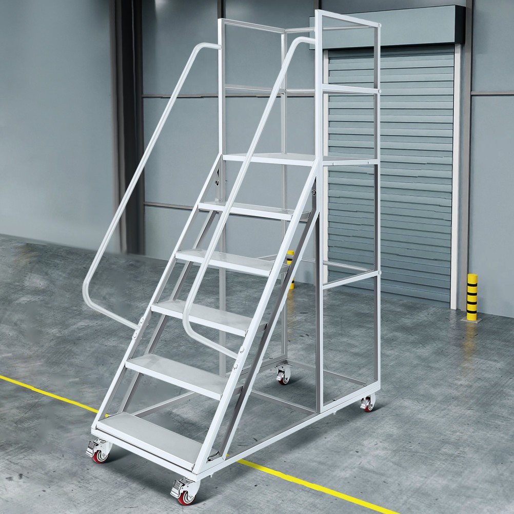 6-Step Rolling Ladder &Dual Handrails 1213LBS Industrial Warehouse Rolling Stair