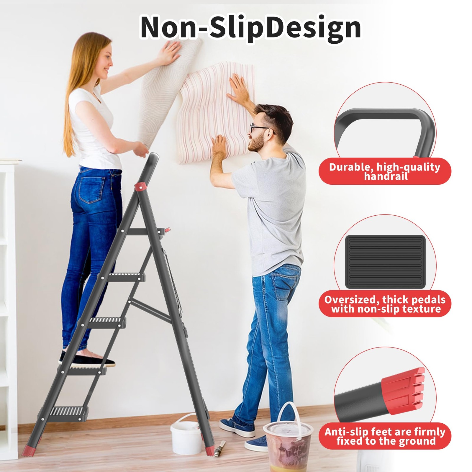 DIAMONDFORGE 5-Step Folding Step Stool Ladder, Heavy 5 Step, Black and Red