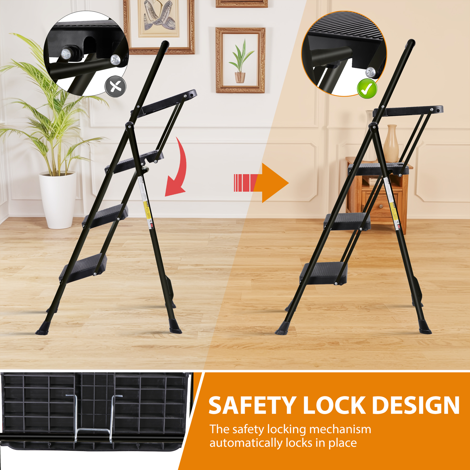 3-Step Ladder Folding Step Stool 330lbs Max Load Capacity Steel Non-Slip Black