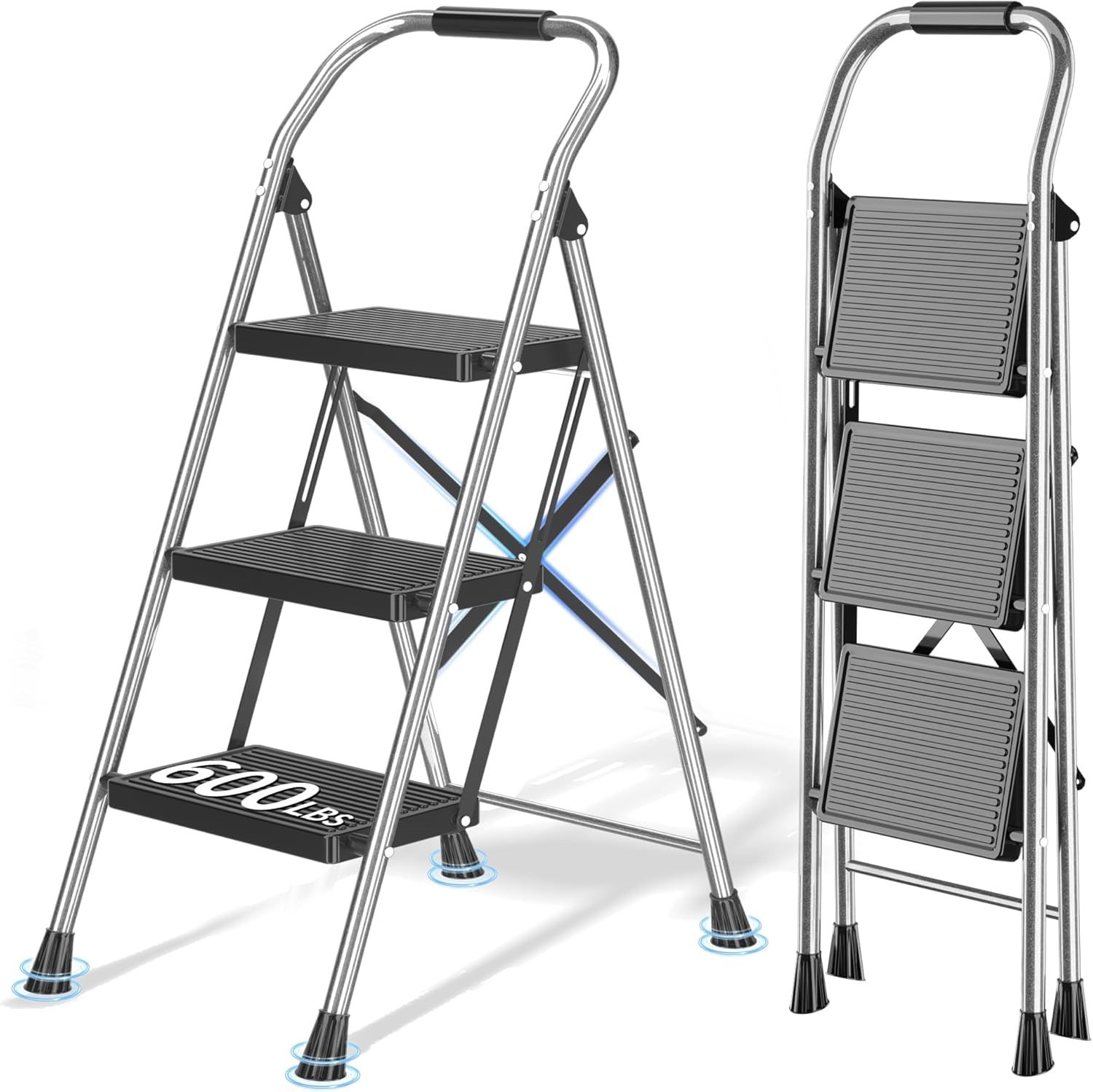Heavy Duty Steel Folding 3 Step Ladder w/600LB Capacity