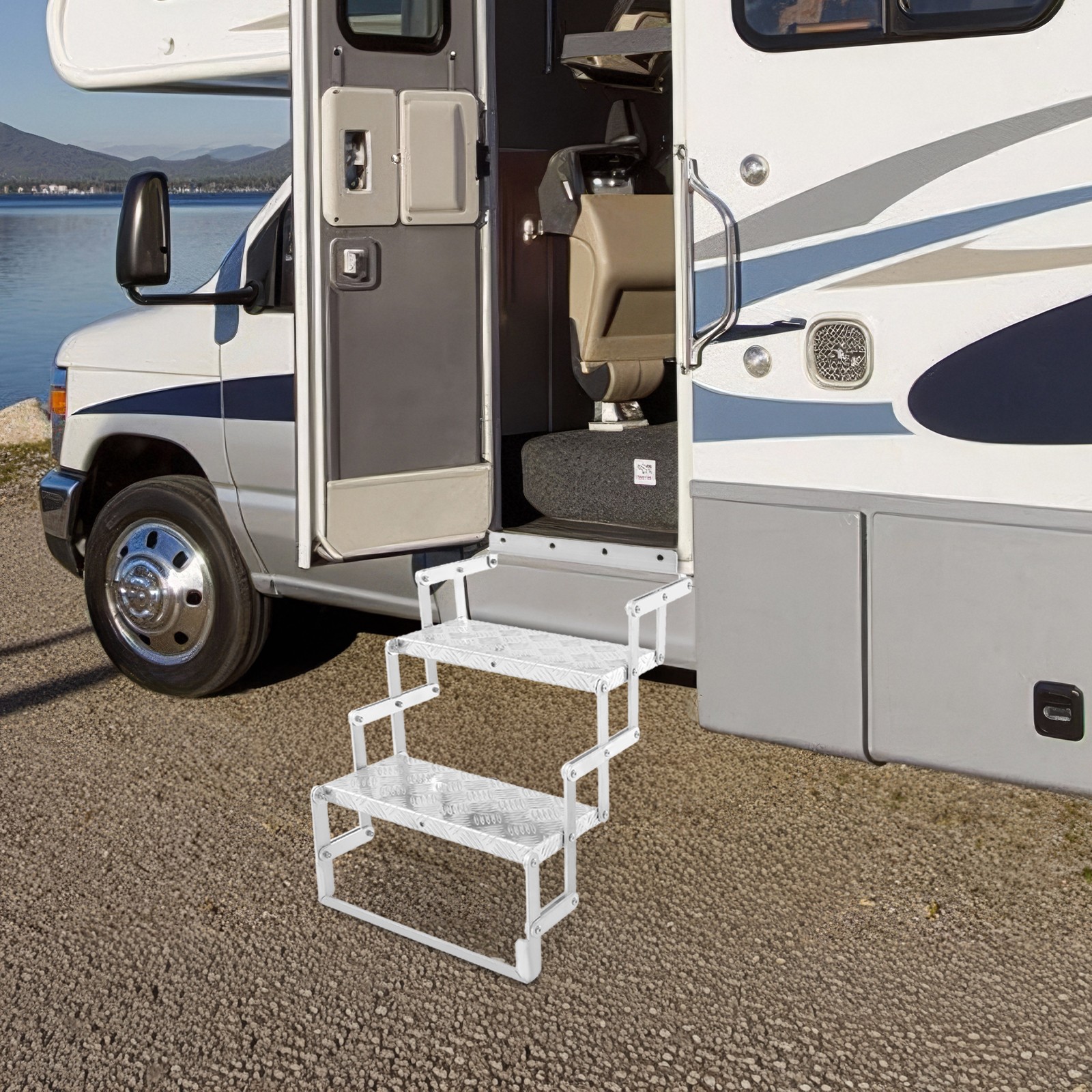 2 Steps RV/Camper Ladder Aluminum Alloy Scissor Stair Foldable Step Ladder