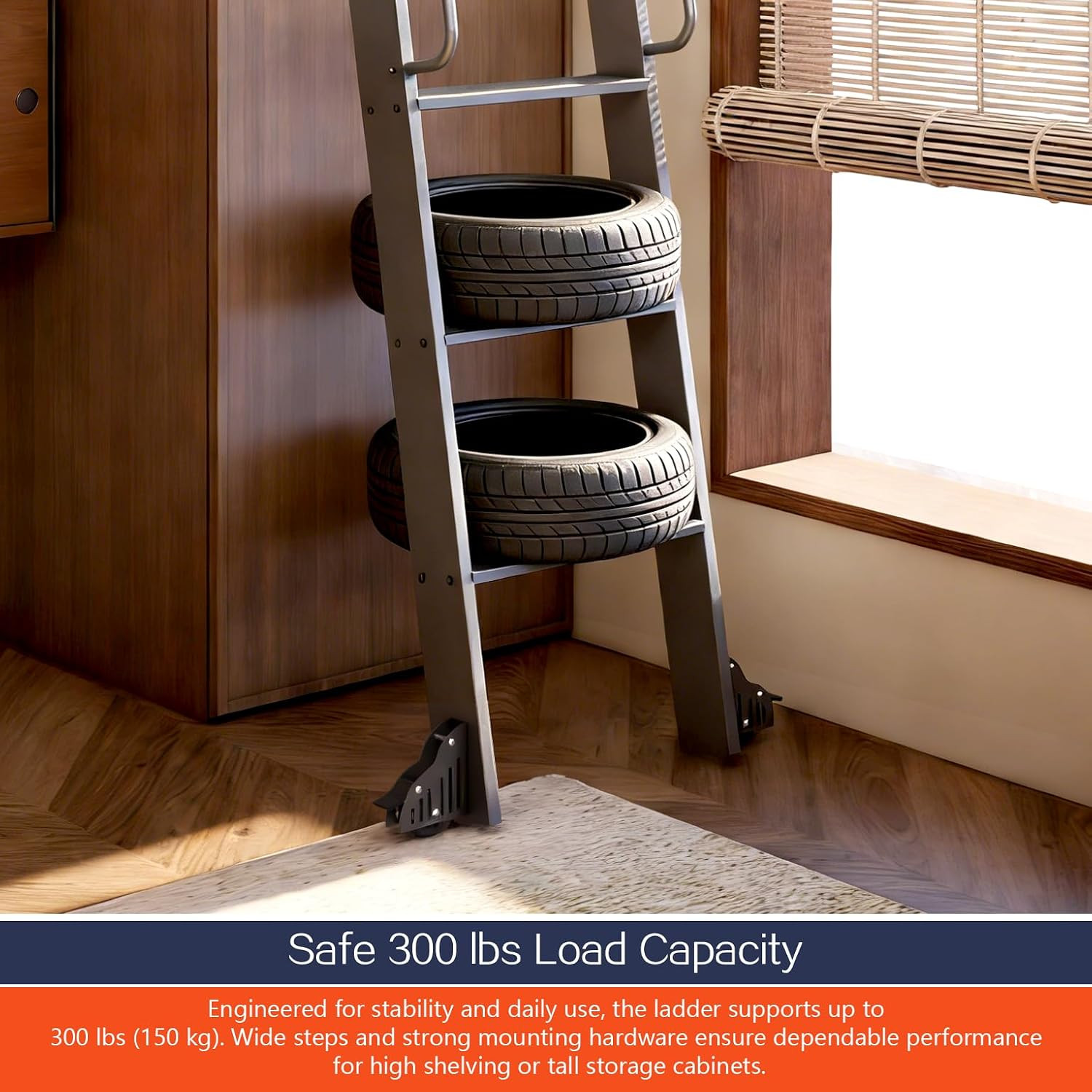96″ Rolling Library Ladder with 4FT Rail, 300 Lbs Capacity, Space-Saving Design