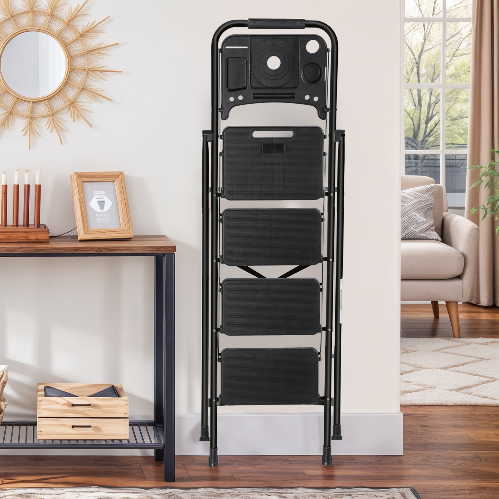 Folding Step Ladders for Kitchen/Closet Ladder 4 Step for Adults Non-Slip Black