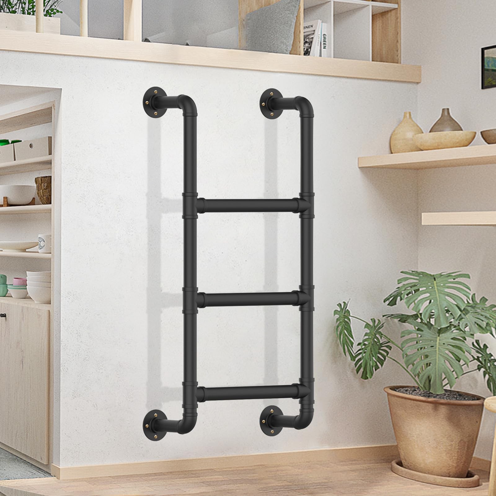 3-Rung Wall Mounted Metal Step Ladder, Basement Window Well 3.2FT, Black