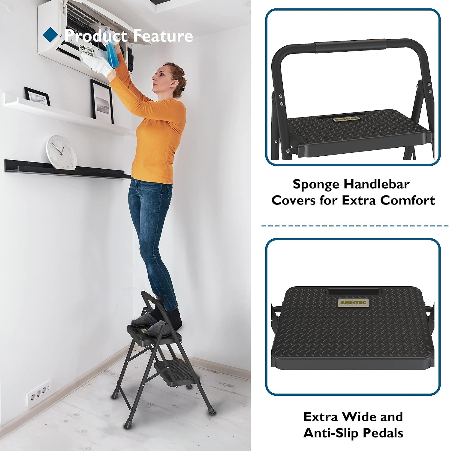2-Step Ladder, Folding Step Stool, 600lbs Max Load Capacity, Sturdy Steel