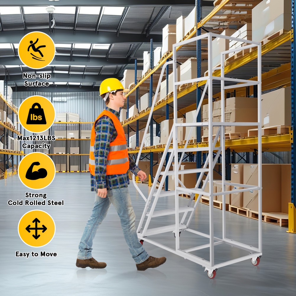 6 Steps Rolling Ladder, Mobile Platform Ladders with Brakeable Wheels 1213LBS