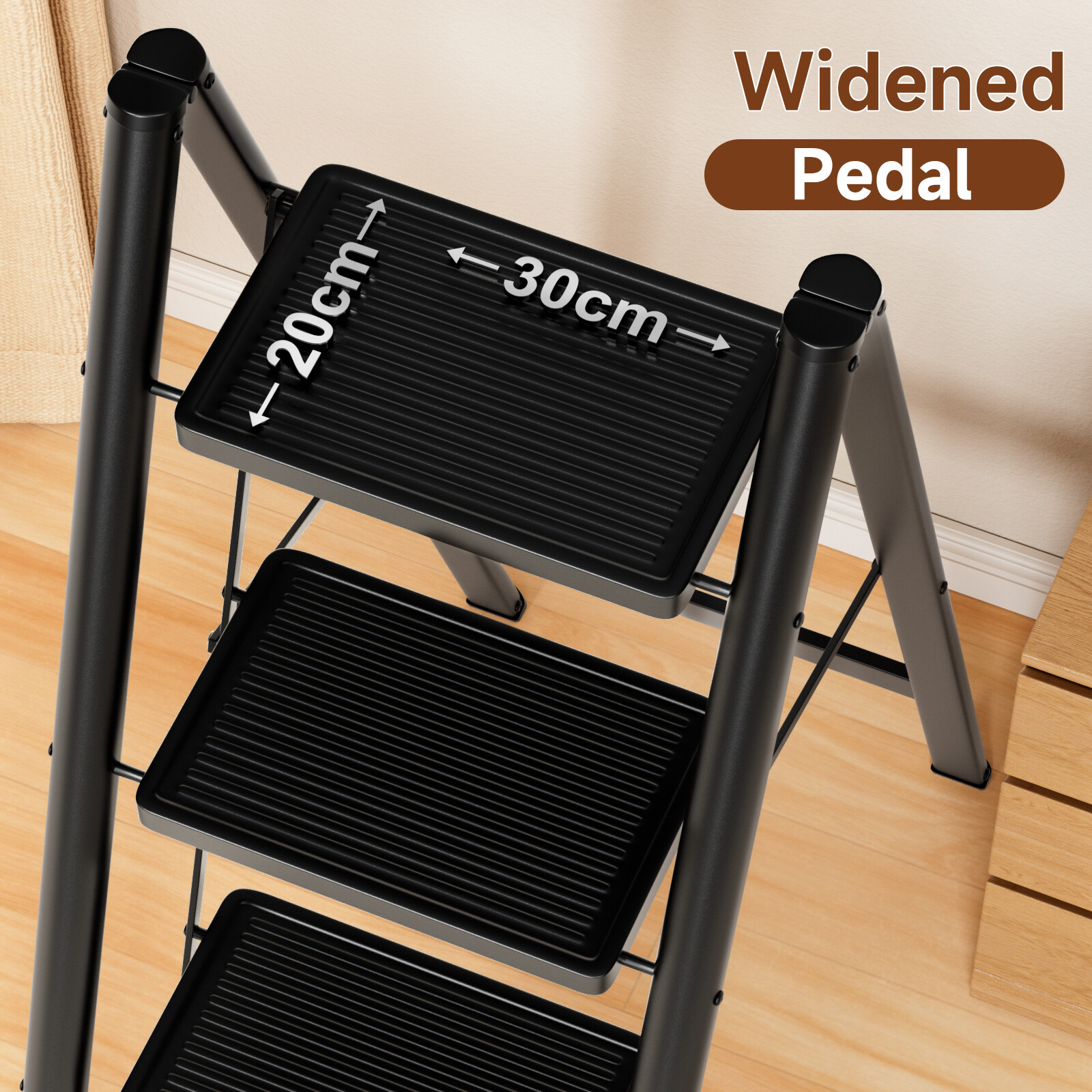 Stepladder, 4 Tiers, Foldable, Aluminum, Wide, Lightweight, Compact, Ladder L3