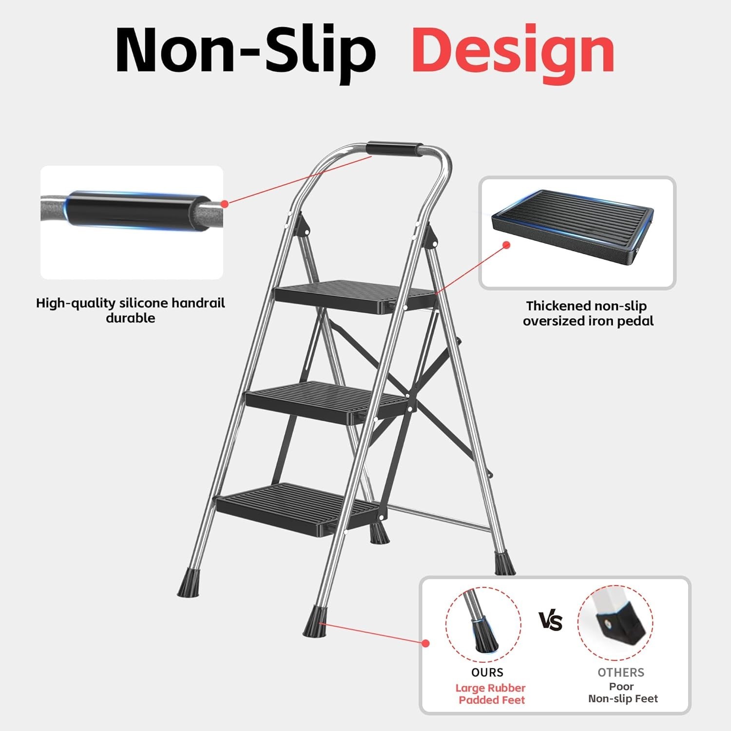Heavy Duty Steel Folding 3 Step Ladder w/600LB Capacity