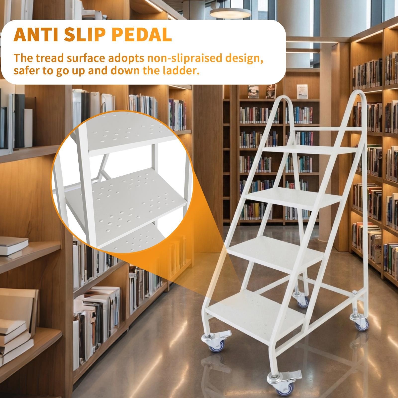 4 Step Rolling Ladder with Locking Wheel & Handrail Commercial Stair Ladder 50″H
