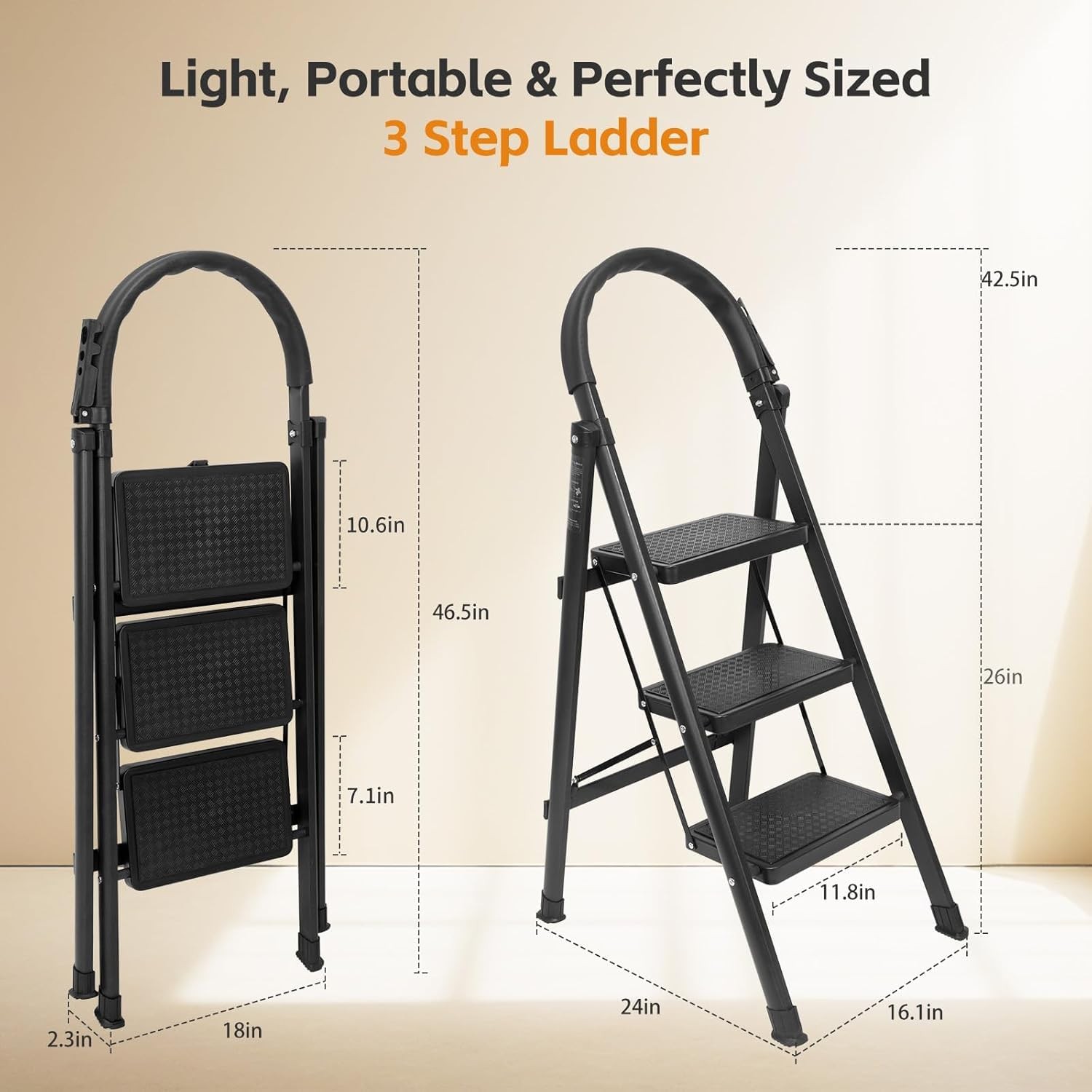 3 Step Ladder, Folding Stool with Wide Anti-Slip Pedal, 3-Step, Black
