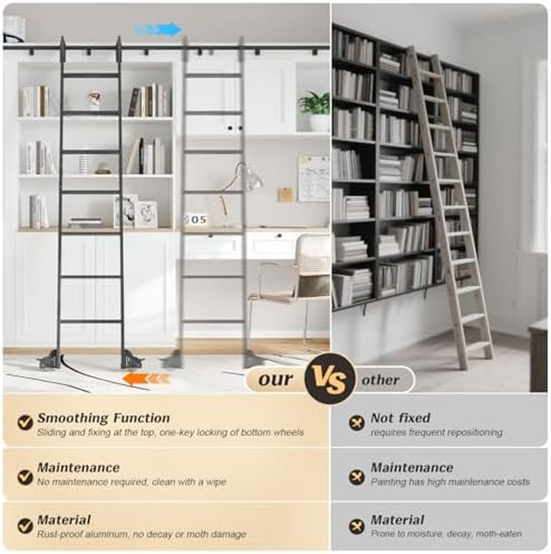 Aluminium Rolling Library Step Ladder with 8FT Sliding Track Kit – Metal Black