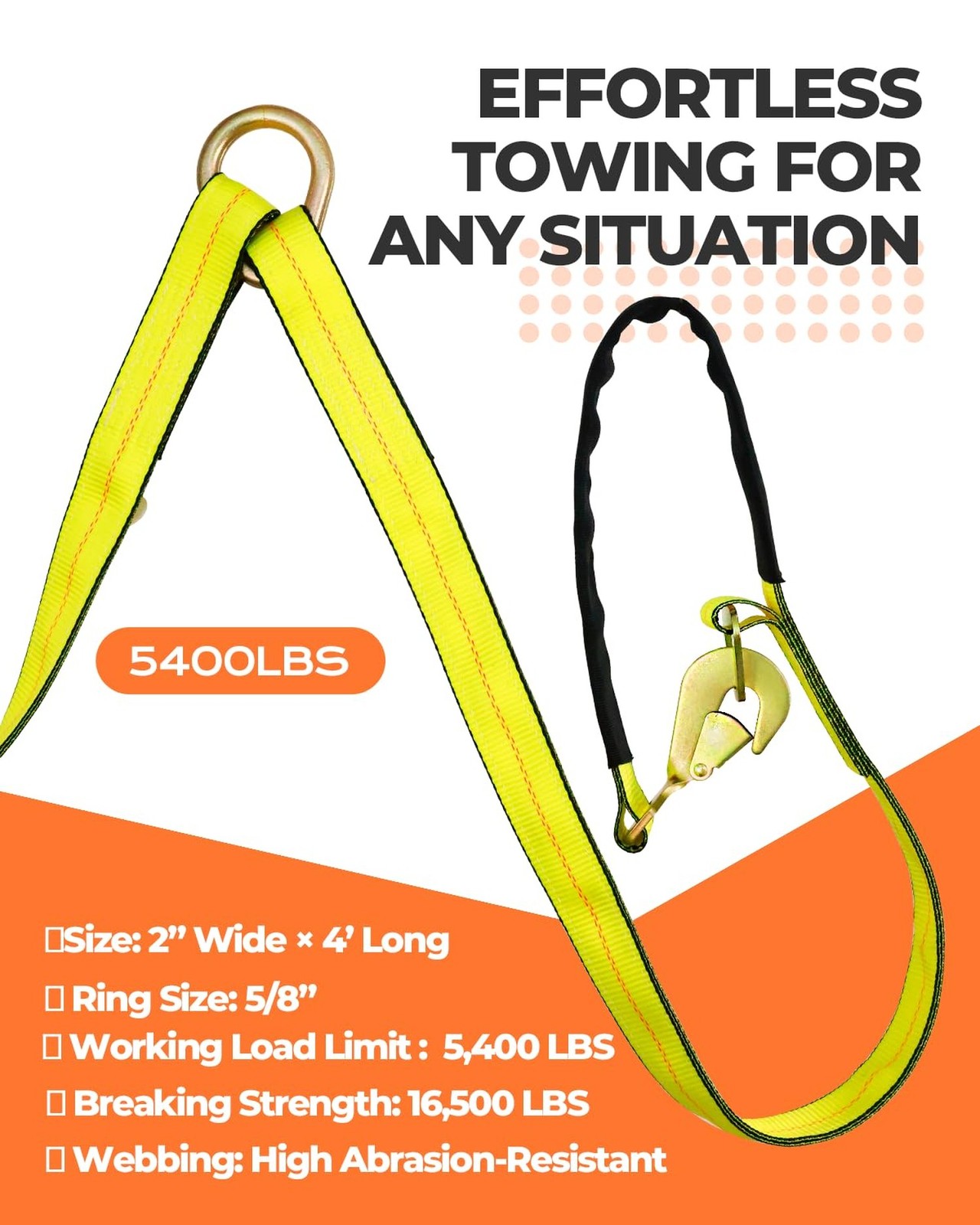 TKK Heavy-Duty V-Bridle Tow Strap 2″ x 4′ – 5,400 lbs Load Capacity | Snap