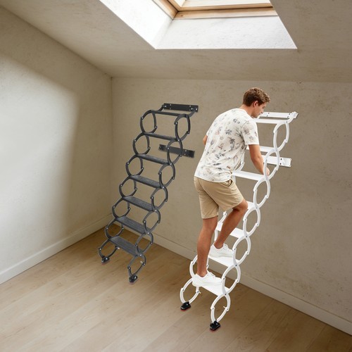 Retractable Folding Stair 7-Steps Wall Mounted Folding Ladder Black/White NEW