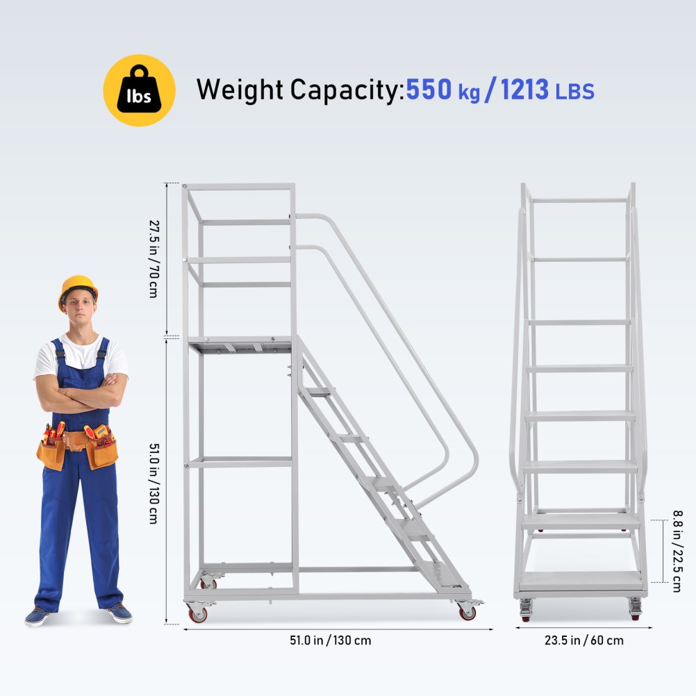 6 Step Rolling Ladder with 3 Side Handrails & 4 Lockable Wheels 1213LBS Capacity