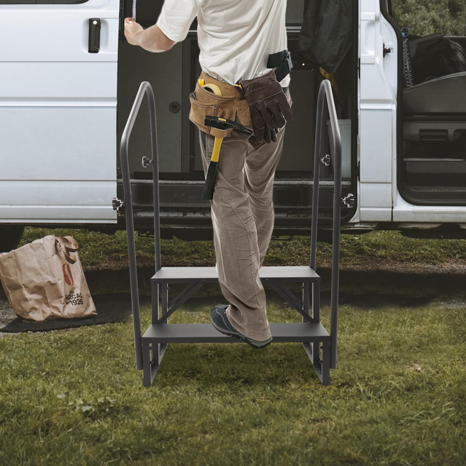 2 Step Heavy Duty RV Steps with Two Handrails Portable Camper Stairs 450 lbs