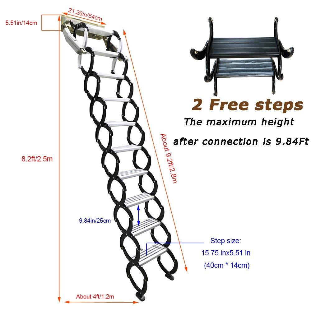 10+2 Steps Wall Mounted Folding Ladder Loft Stair Attic Folding Ladder Staircase