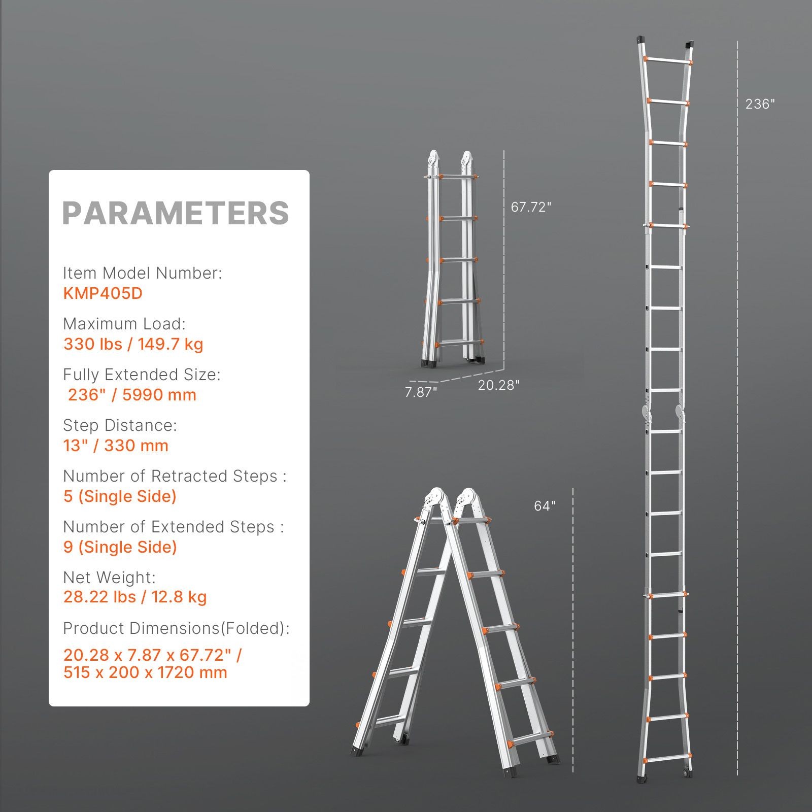 Telescoping Ladder A Frame, 20 FT Compact Aluminum Extension Ladder, Multi