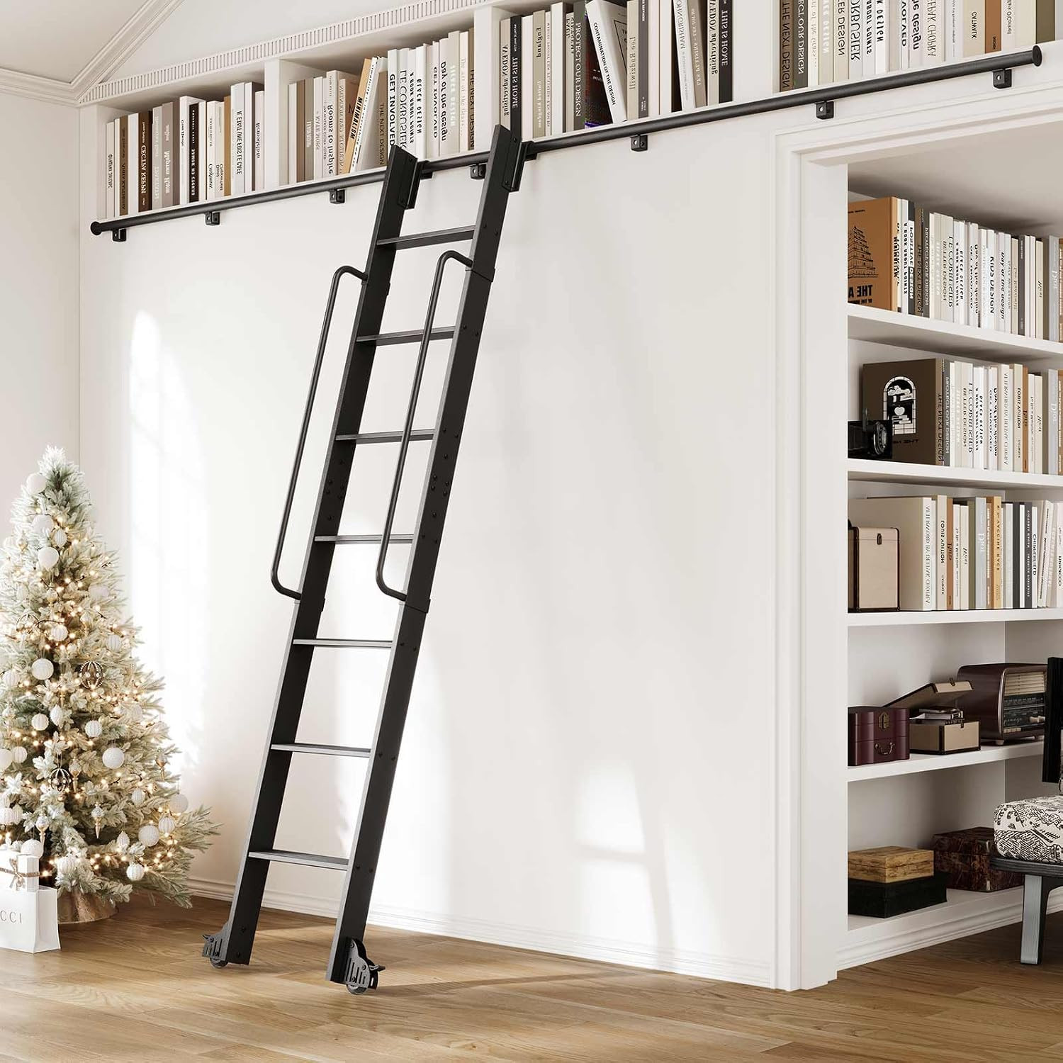 8FT Aluminum Library Ladder with Sliding Hardware Kit & Handrail, 450Lbs Capacit