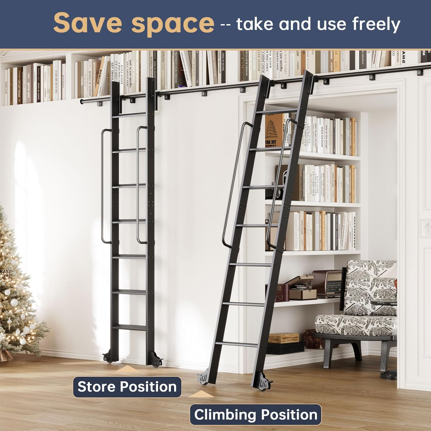 8FT Aluminum Library Ladder with Sliding Hardware Kit & Handrail, 450Lbs Capacit