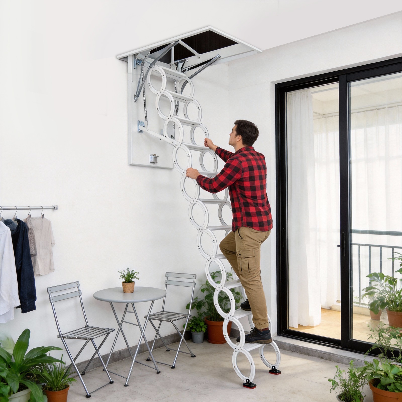 11 Steps Wall Mounted Folding Ladder Loft Stairs White Attic Steps Pull Down US