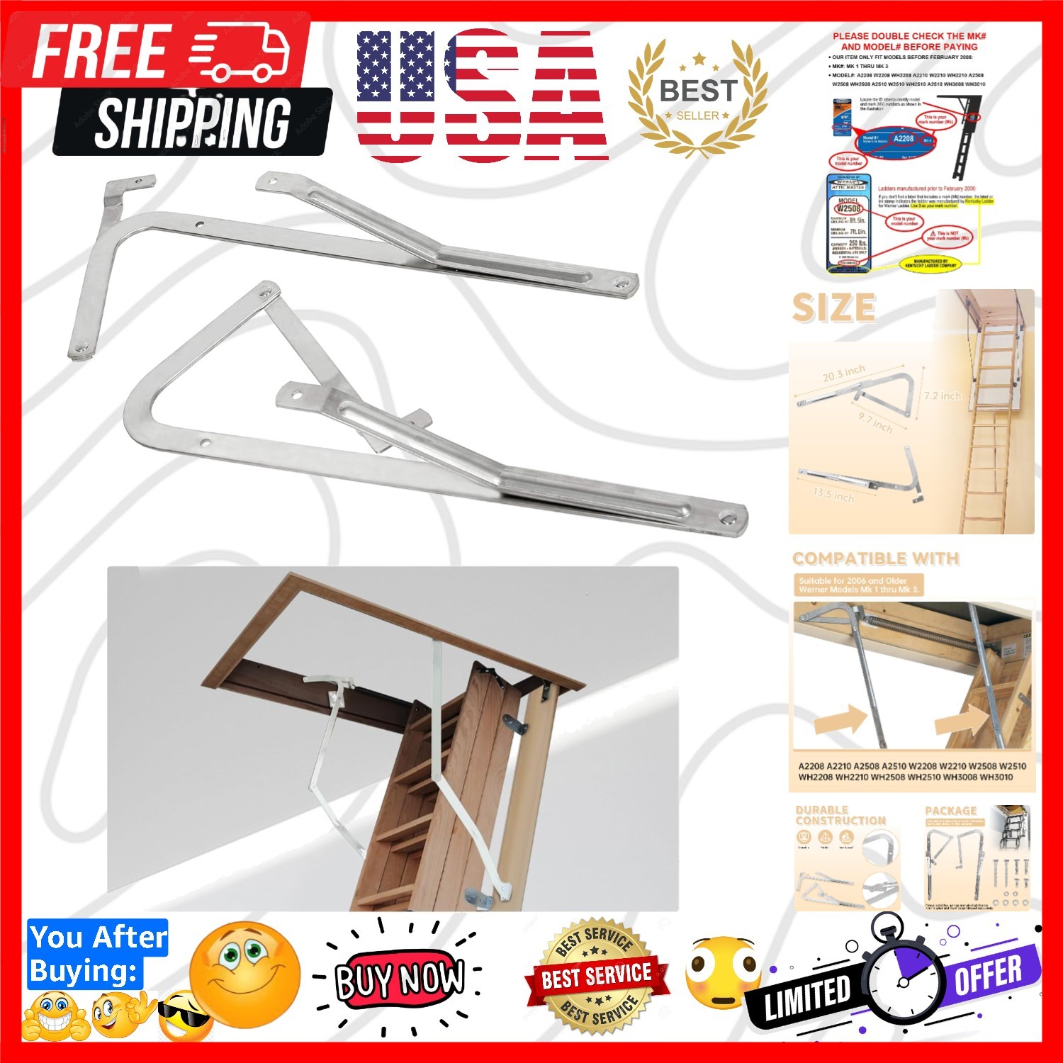 55-1 Attic Ladder Spreader Hinge Arms Compatible with 2006 and Older Werner M…