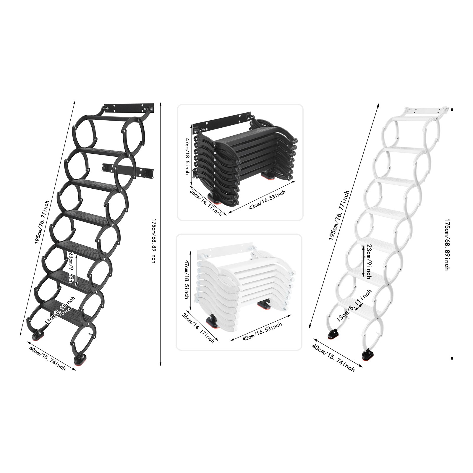 Retractable Folding Stair 7-Steps Wall Mounted Folding Ladder Black/White NEW