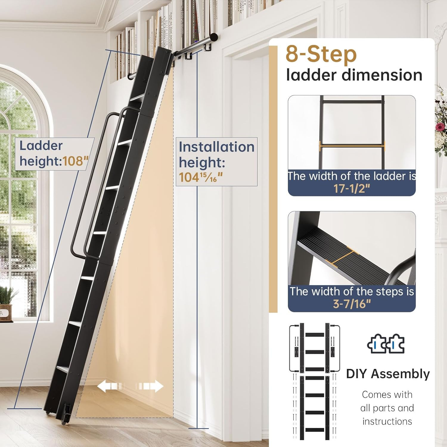 9FT Aluminum Rolling Library Ladder with 4FT Sliding Hardware Kit,Telescopic Hoo