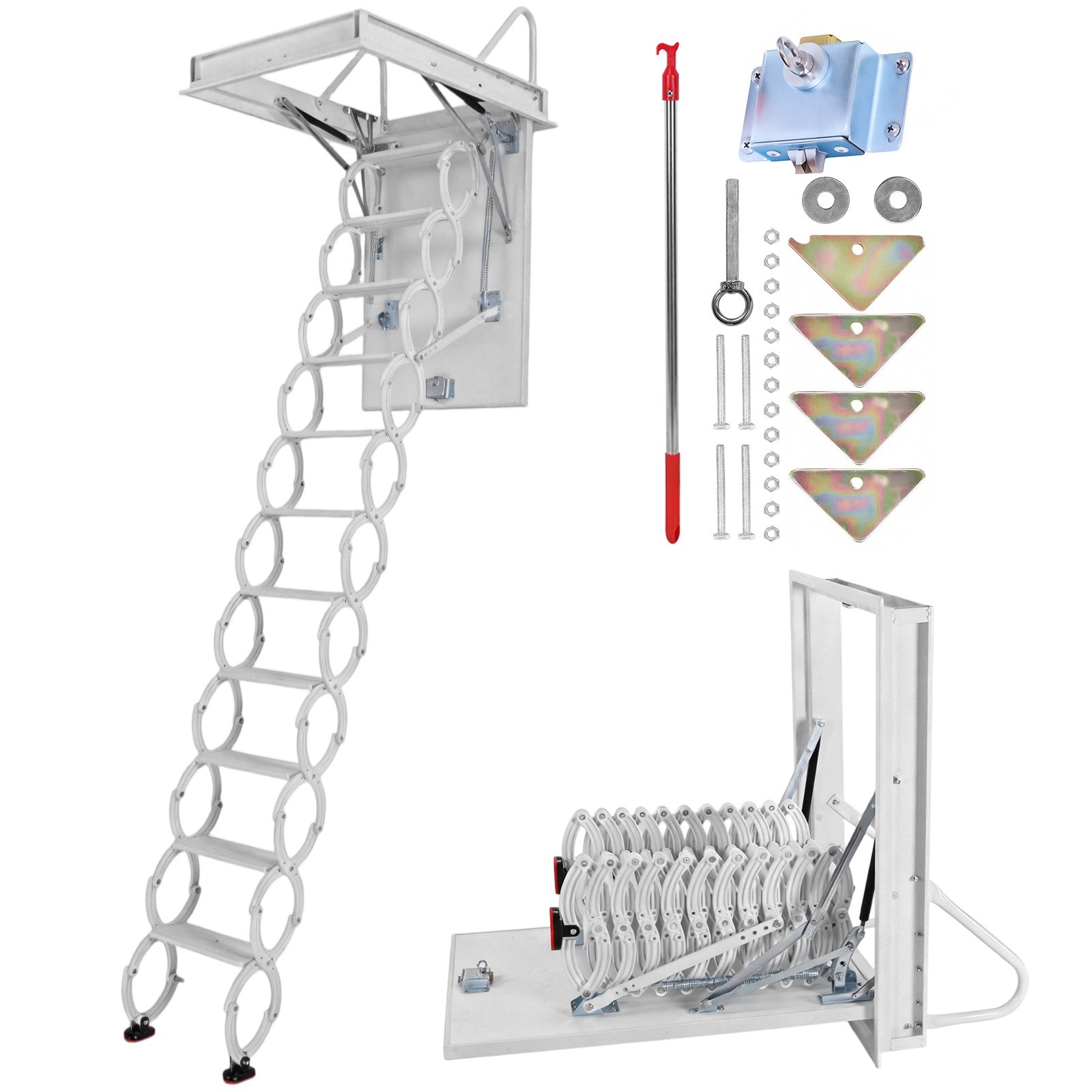 11 Steps Wall Mounted Folding Ladder Loft Stairs White Attic Steps Pull Down US