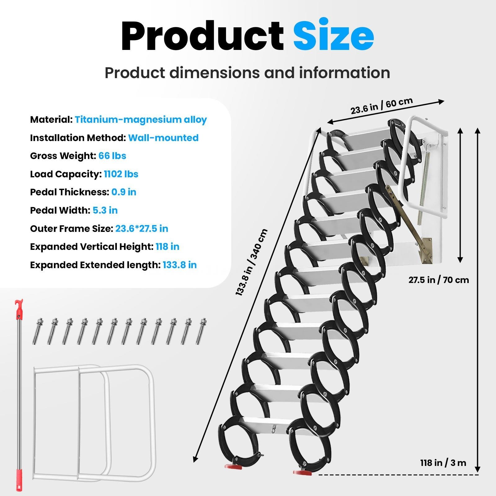 1102LBS Wall Mounted Attic Ladder Wall Mounted Expansion Folding 3M Practical