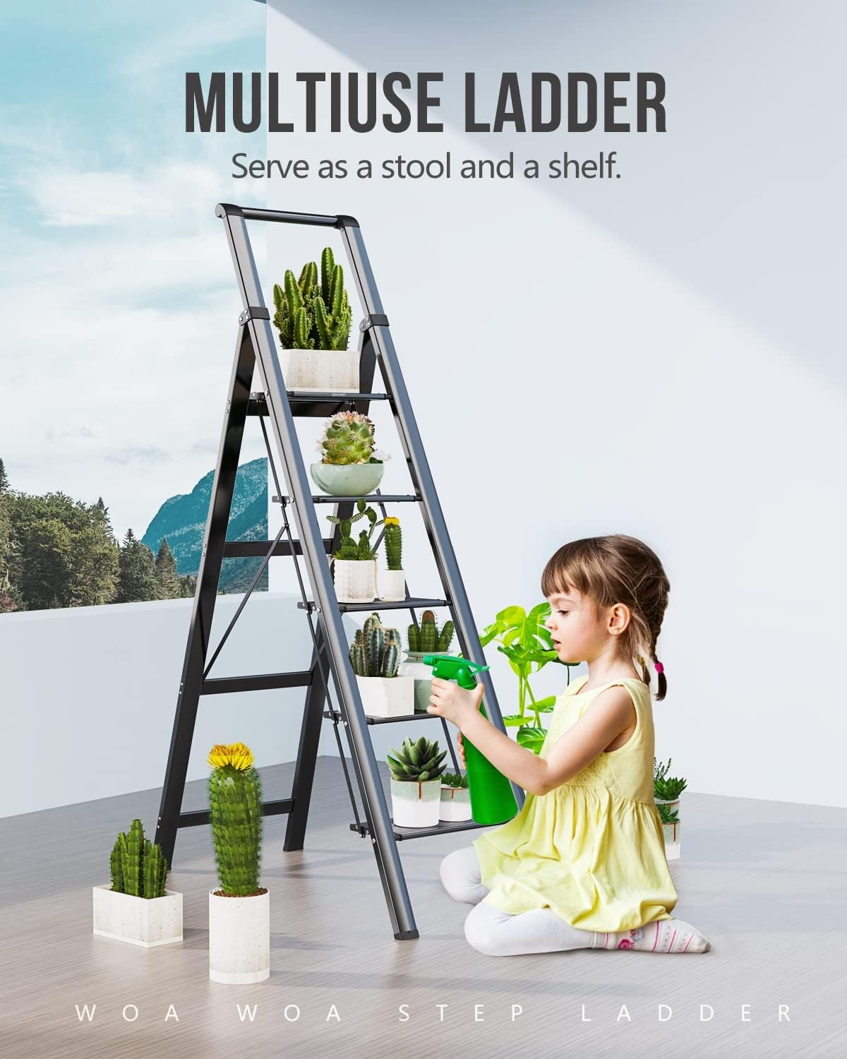 WOA 5 Step Ladder, Ladders for Home, Anti-Slip Pedals, 5 Step, Black