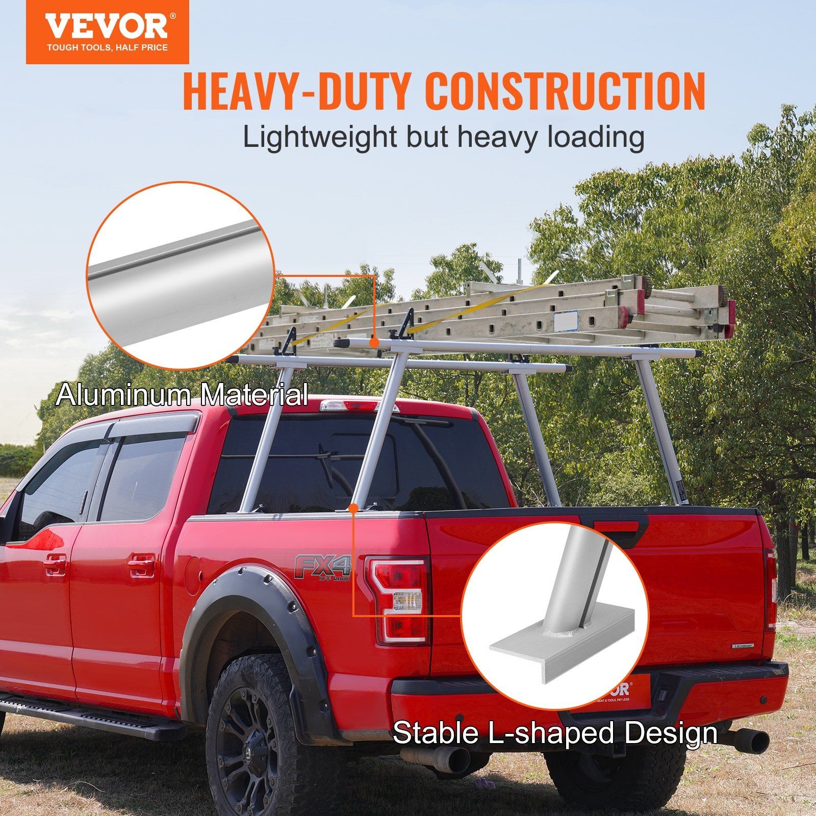 Steel 46-71 inch Extendable Truck Rack 800lb Load Ladder Carrier J-Bolts Fit