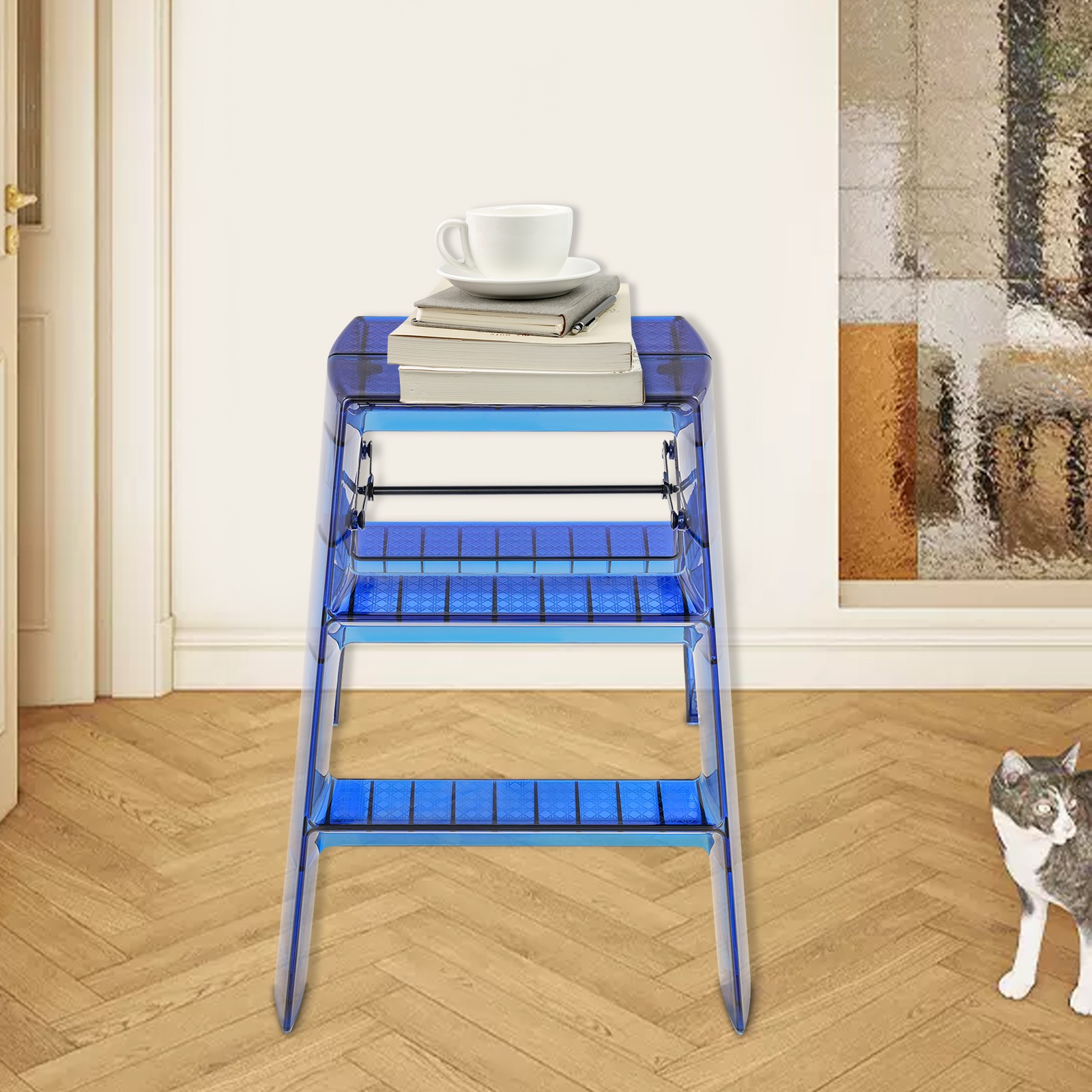 3-Step Folding Ladder Blue Household Portable Stepladder 330lbs Capacity Compact