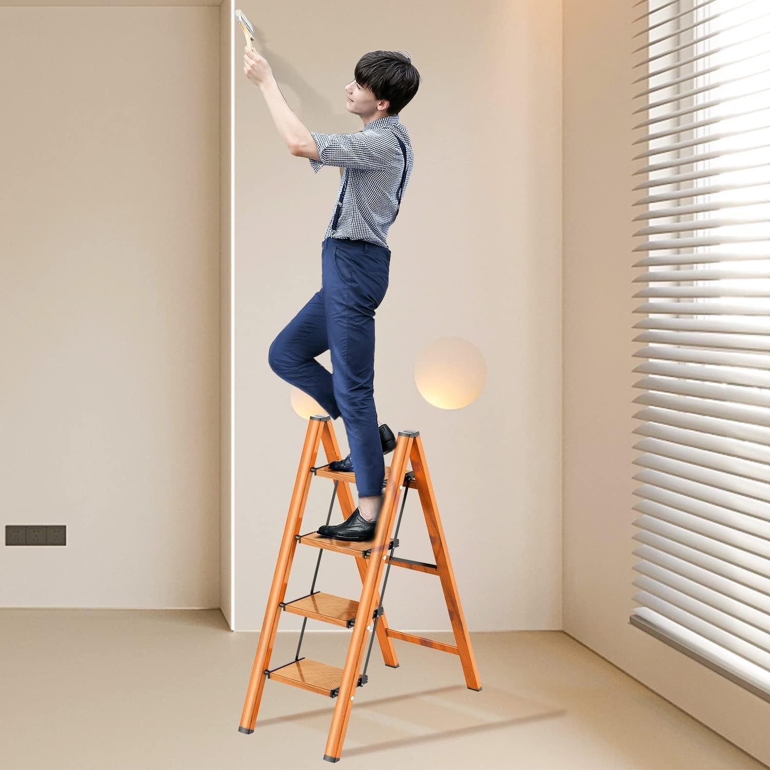 Aluminum 4 Step Folding Ladder Woodgrain 330 lb Capacity