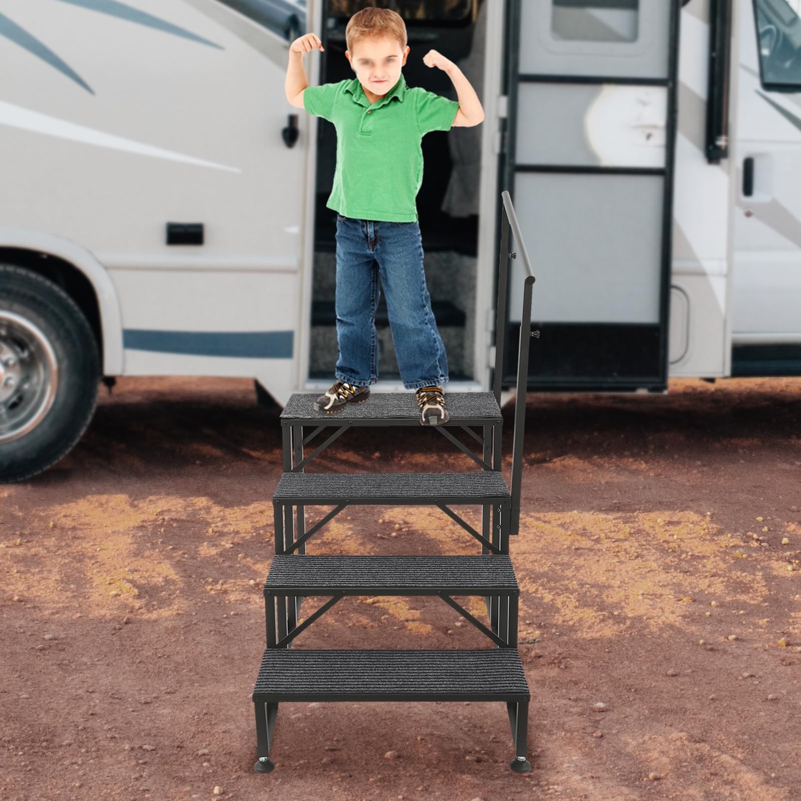 Heavy Duty 4 Step Hot Tub RV Steps with Single Handrail Anti Slip Mats
