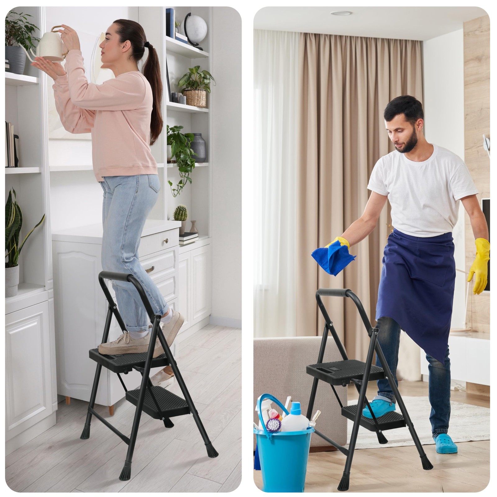 Step Ladder, Portable Steel Folding Stool with Wide 2-Step, Black
