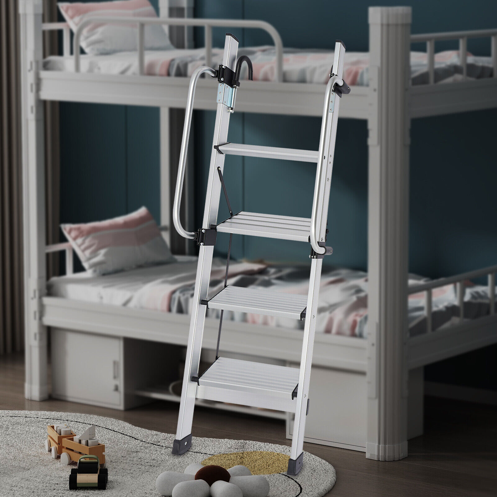 4-Step Floor Standing Bed Ladder Ladder w/ Adjustable Handrail 150kg/330.69lbs