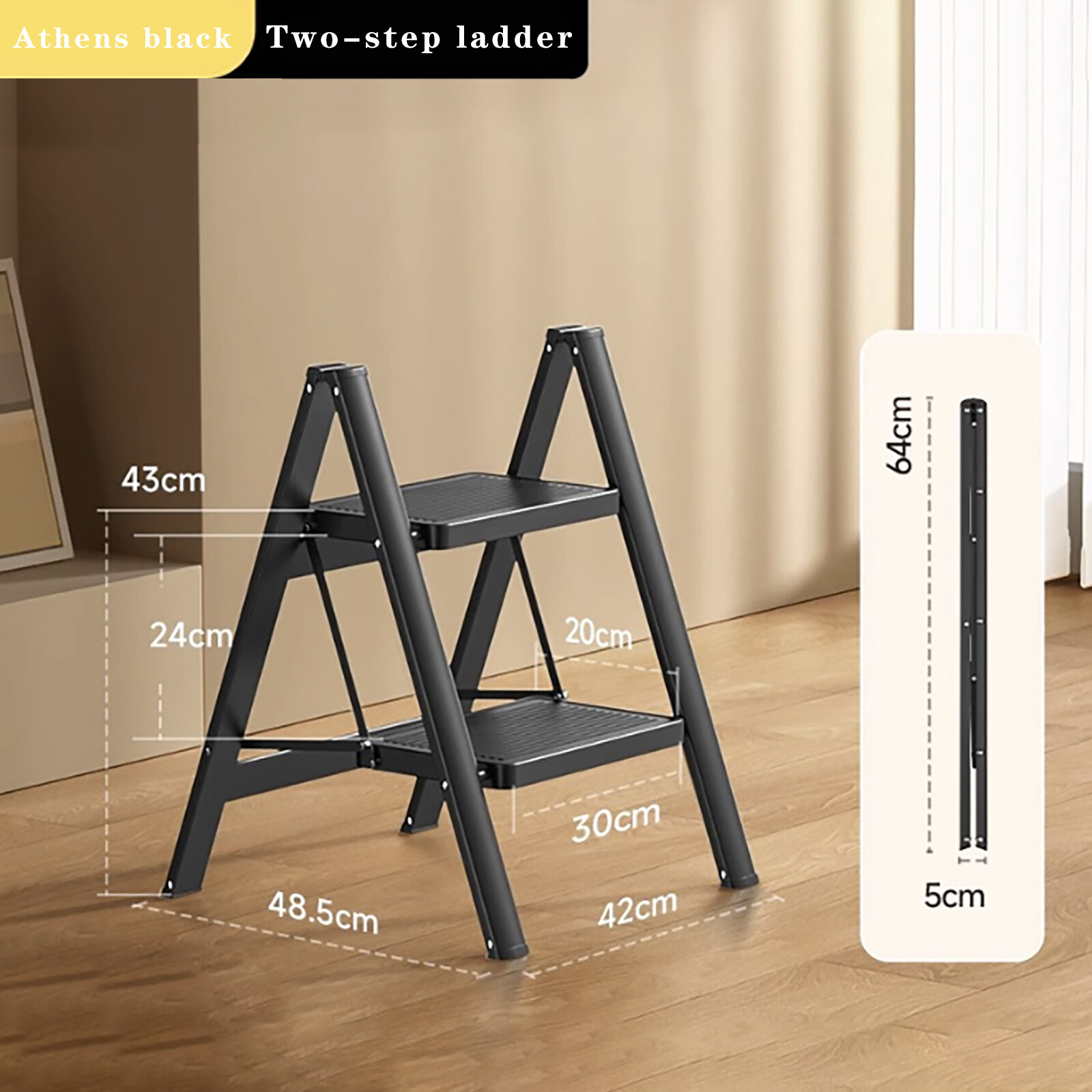 Stepladder, 2 Tiers, Foldable, Aluminum, Wide, Lightweight, Compact, Ladder,