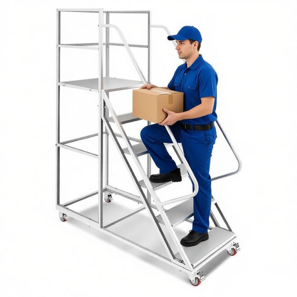 6 Step Rolling Ladder with Wheels Warehouse Non-Slip Stair Ladder with Handrail