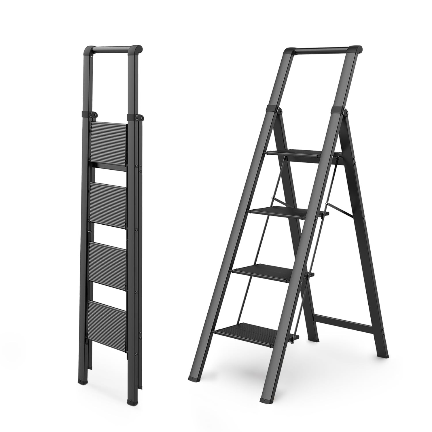 WOA 4 Step Ladder, Ladders for Home, Anti-Slip Aluminum 4 Step, Black