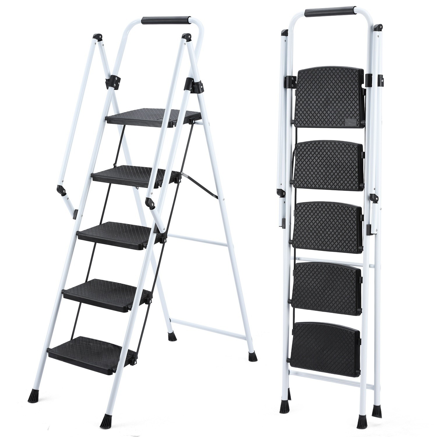 5-Step White Steel Folding Ladder, Heavy-Duty for Daily Home Application