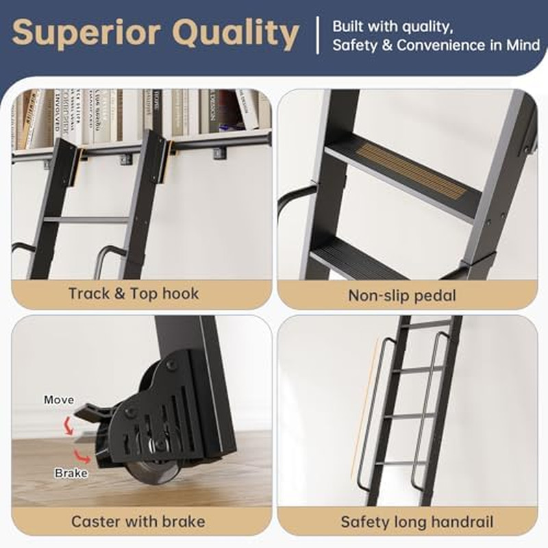 10FT Aluminum Library Ladder with 12FT Hardware Kit, 450Lbs Capacity, Black