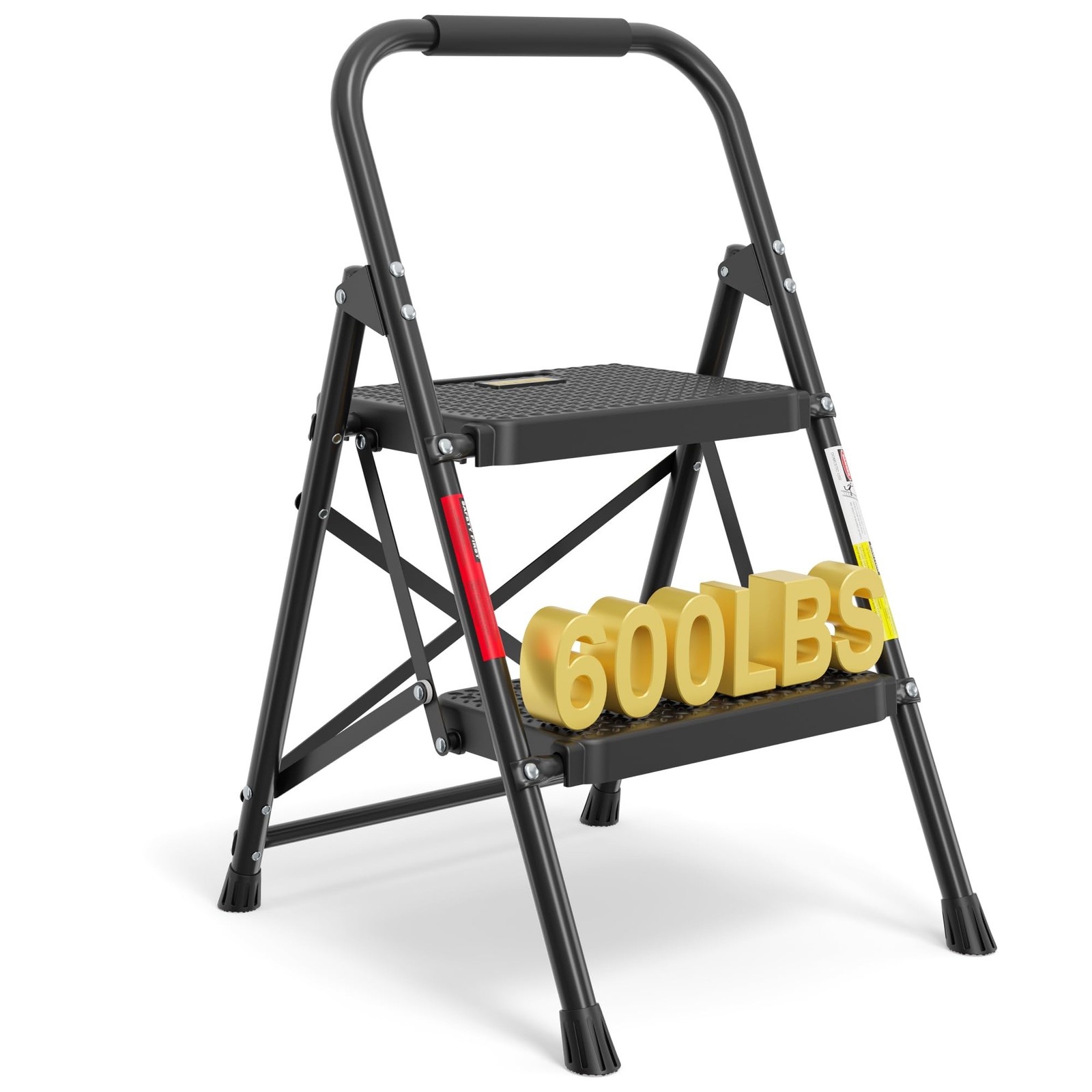 BONTEC 2-Step Ladder, Folding Step Stool, 2-Step, 600lbs Max Load, Black