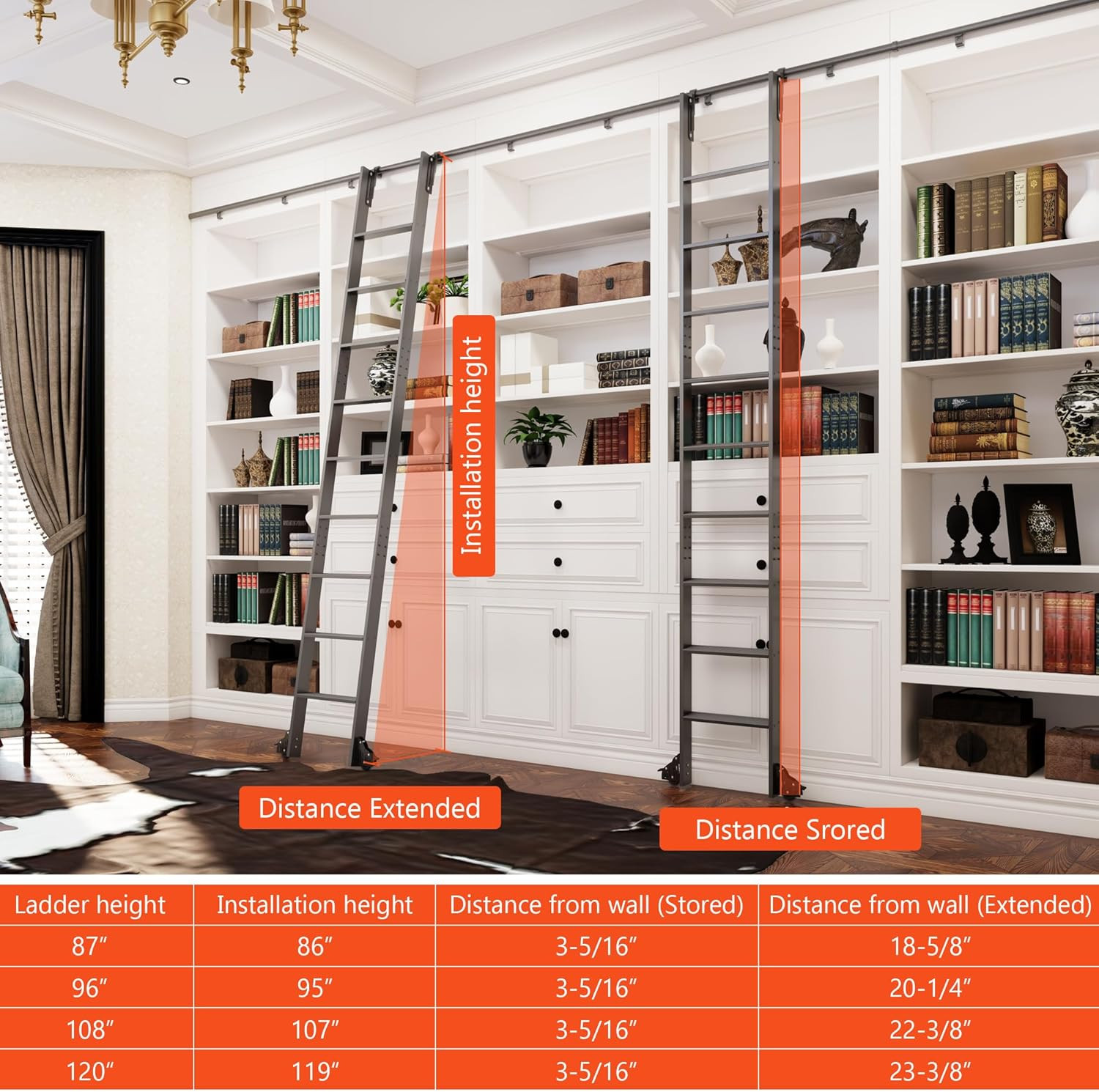 96″ Rolling Library Ladder with 4FT Rail, 300 Lbs Capacity, Space-Saving Design