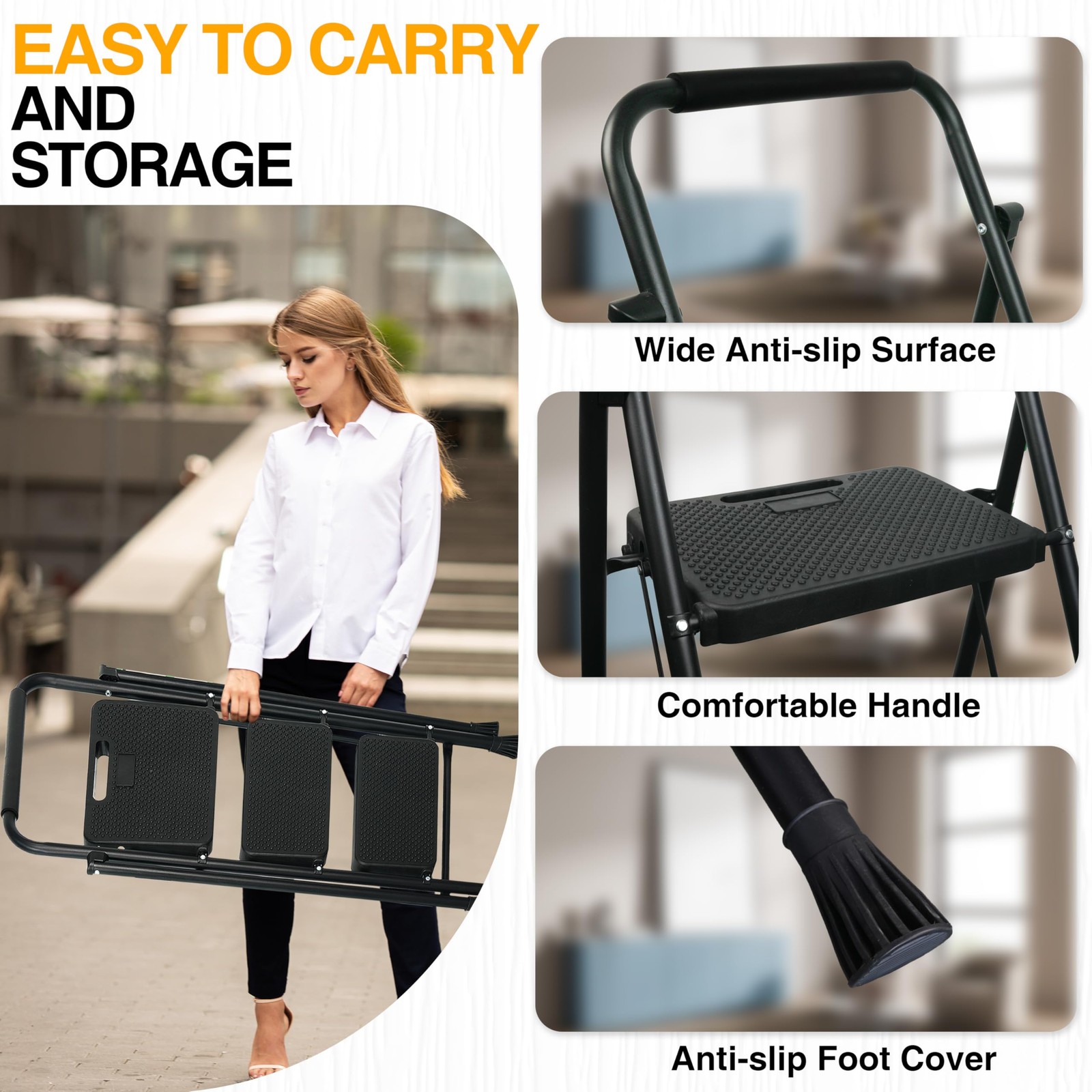 Step Ladder, Portable Steel Folding Stool with Wide 3-Step, Black