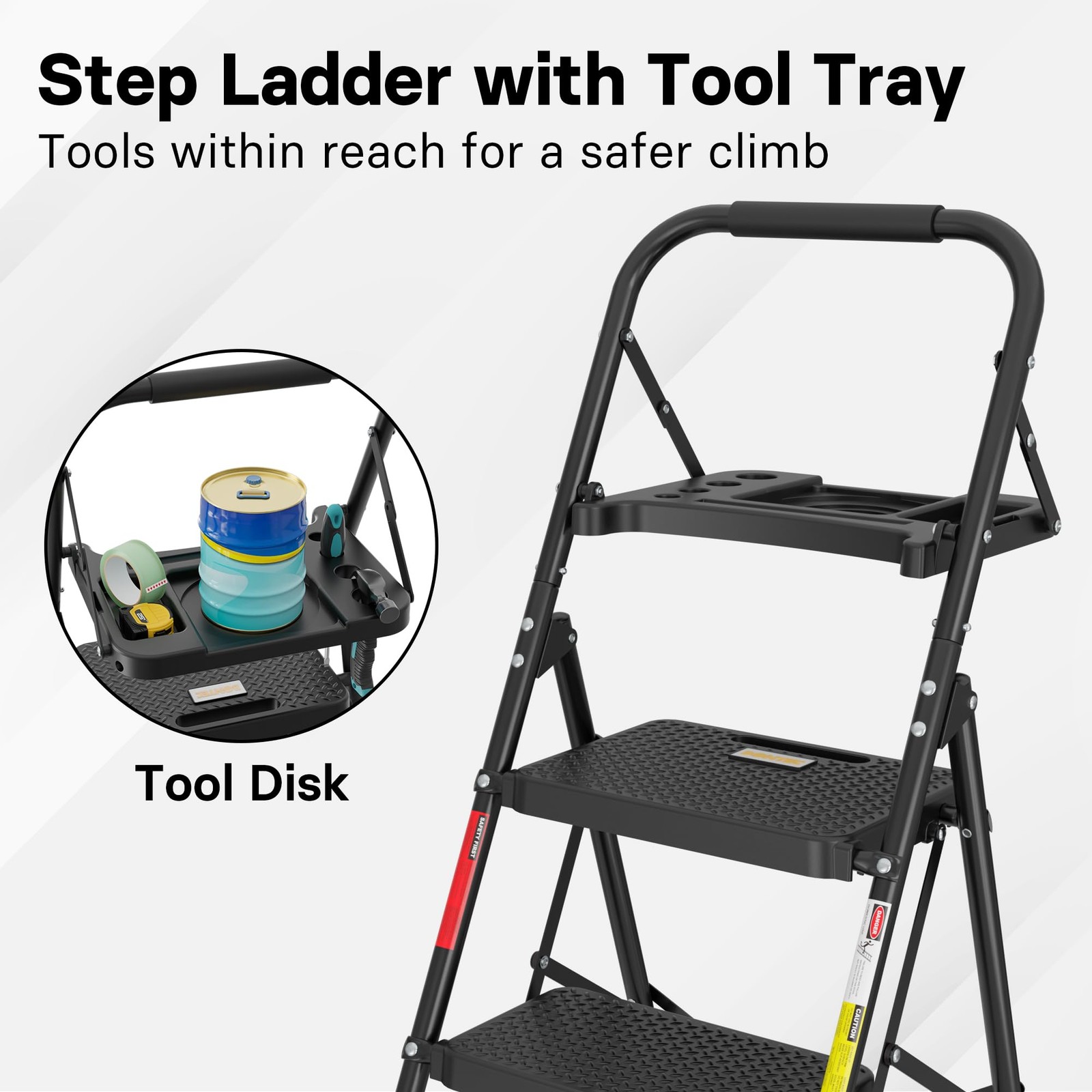 BONTEC 4-Step Ladder, 400lbs Max Load, Folding 4-Step, Black